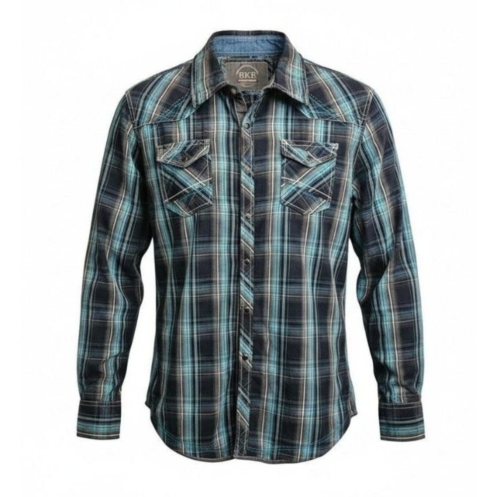 BKE Men's Standard Fit Long-Sleeve Plaid Western Snap Shirt